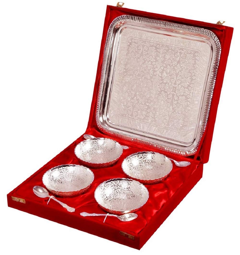 SWAY HOME DECOR Imitation German Silver 4 Bowl,4 Spoon and 1 Tray with Royal Velvet Box -9 Pieces Set