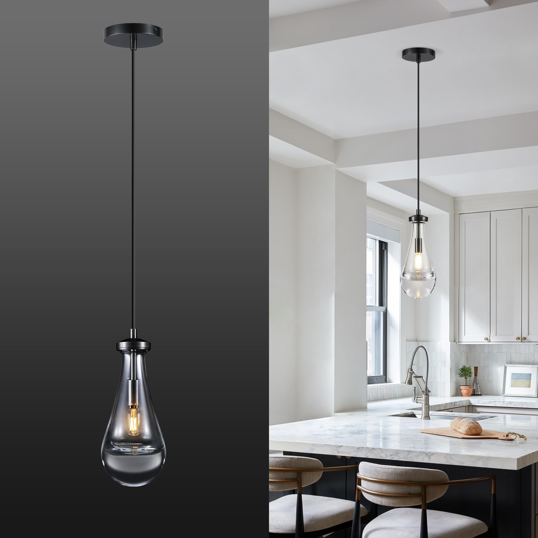Photo 1 of Nwaprh Raindrop Pendant Light for Kitchen Island, Black Crystal Glass Teardrop Pendant Light, Glass Pendant Light,Island Modern E12 Hanging Light Fixture for Dining Room, Living Room, Bedroom, Hallway