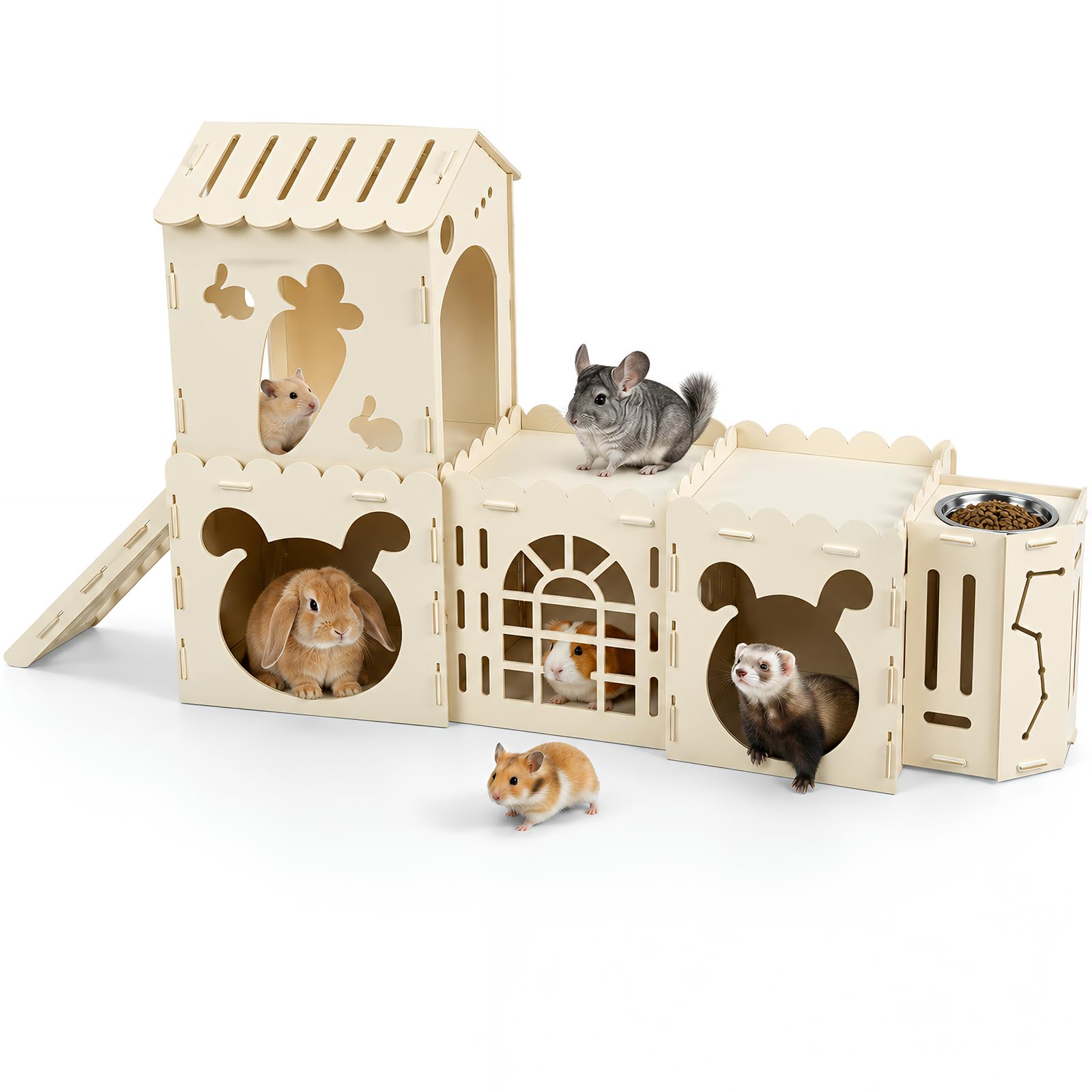 Extra Large Wooden Rabbit Castle, 6-in-1 Luxury Bunny House with Stairs & Detachable Hideouts, Indoor Playhouse for Rabbits, Guinea Pigs, Chinchillas & Hamsters, Easy-Assembly Pet Habitat
