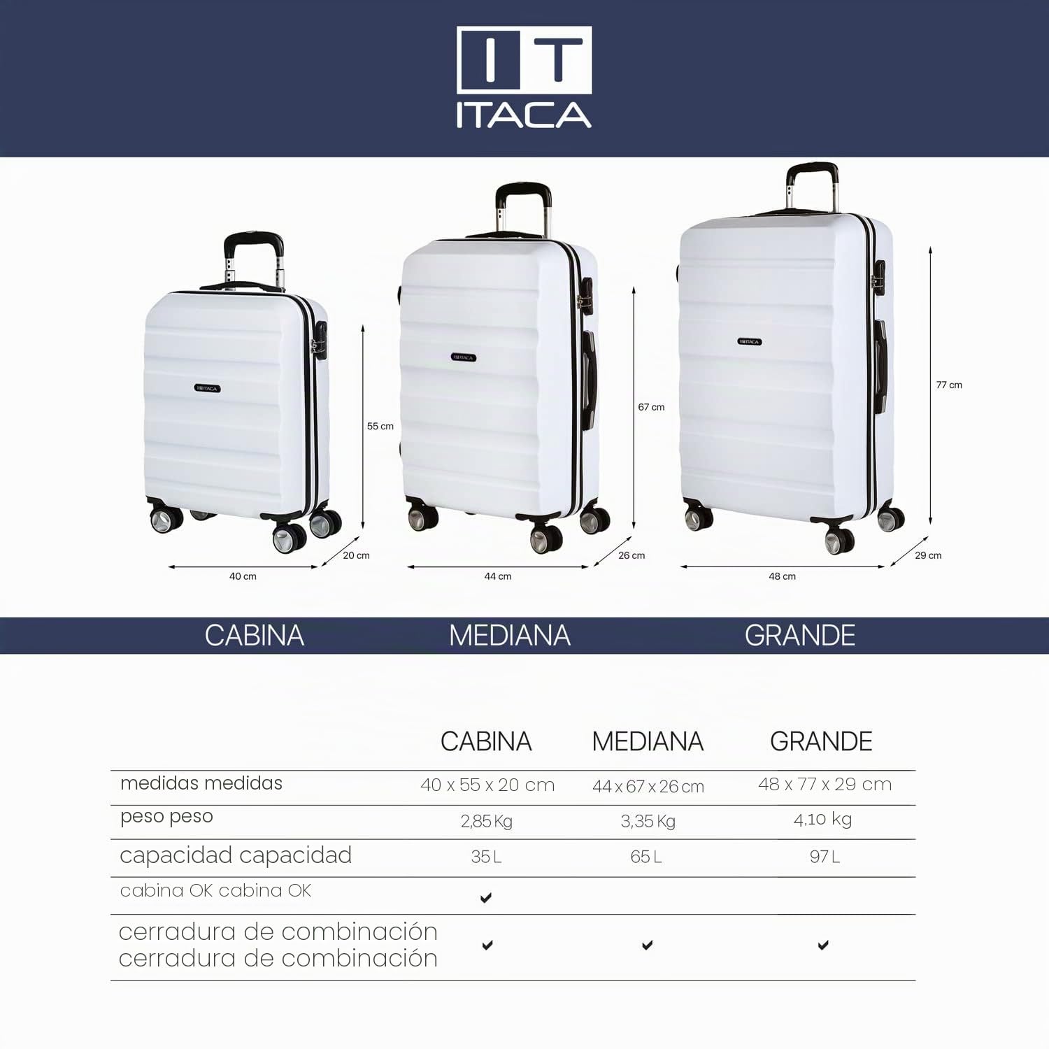 ITACA - Maletas de Viaje Juego Maletas 4 Ruedas - Juego de Maletas de Viaje - Juego Maletas de Viaje Ligeras. Candado de combinacion, Blanco
