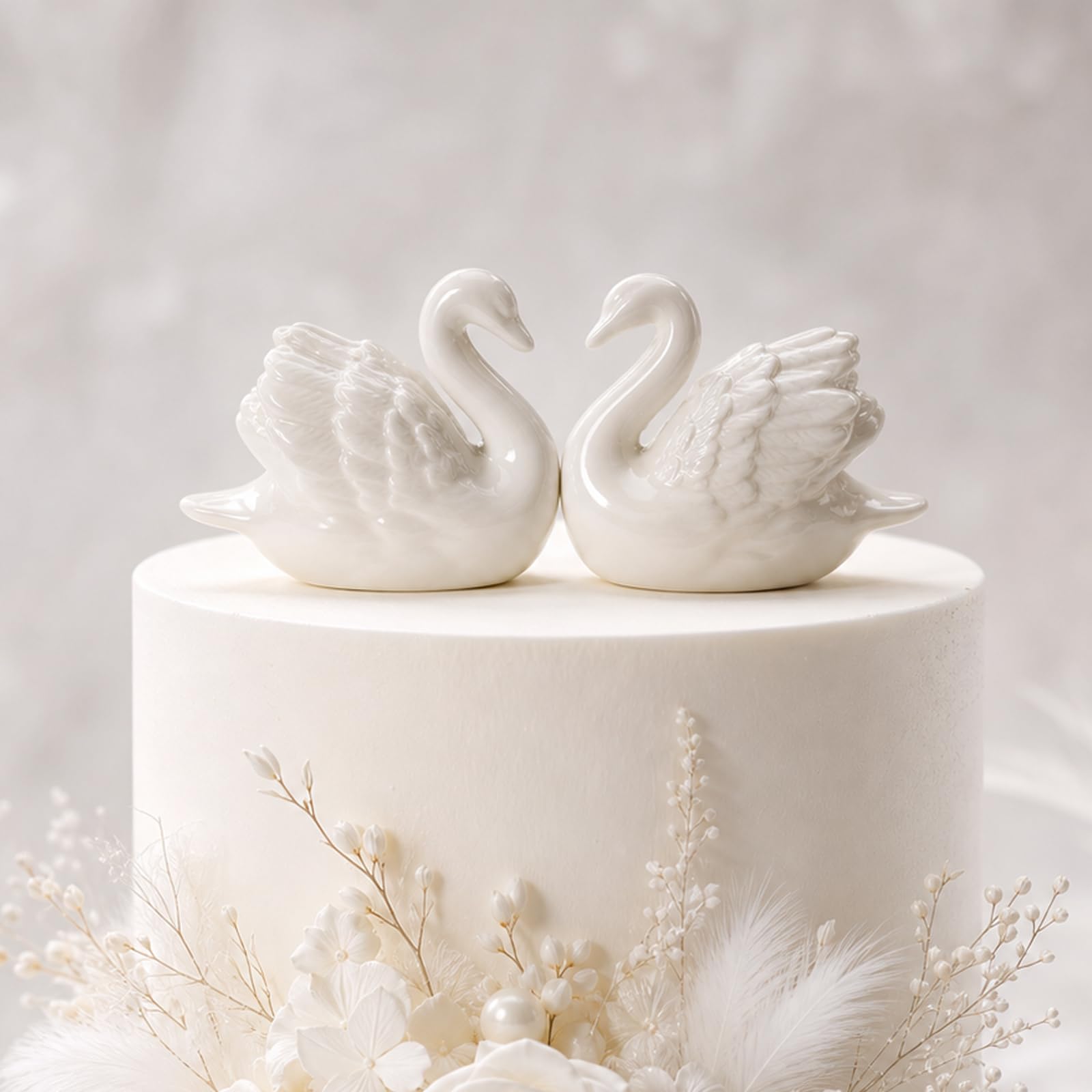 Sinbana 2pcs Ceramic Swan Cake Toppers, White Elegant Swan Shaped Figurines Knick Knacks for Shelves Bookshelf Home Table Centerpiece Wedding Bridal Shower Party Cake Decor Supplies