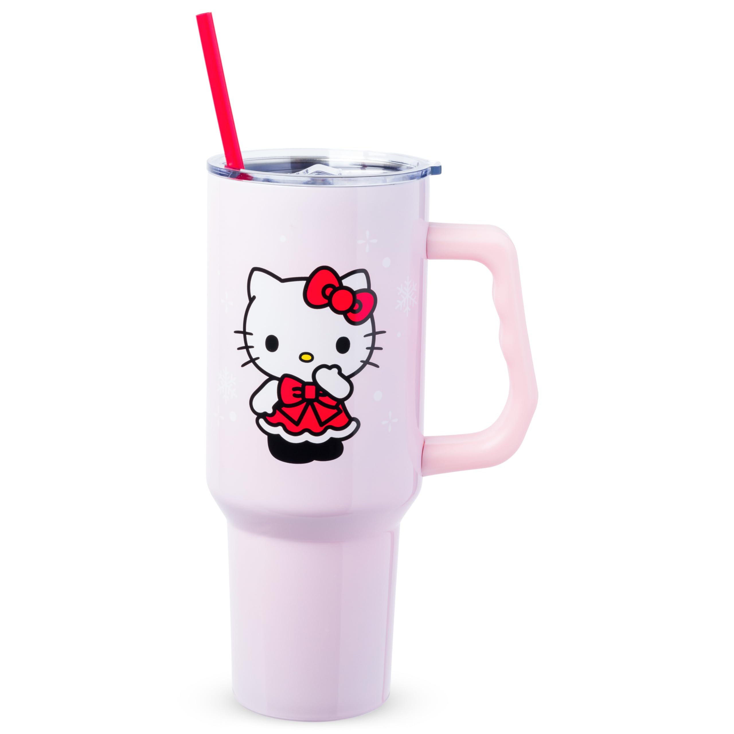 Silver Buffalo Sanrio Hello Kitty Christmas Holiday Dress and Matching Bow Snowflakes Double Walled Stainless Steel Tumbler with Handle and Straw, Fits in Standard Cup Holder, 40 Ounces