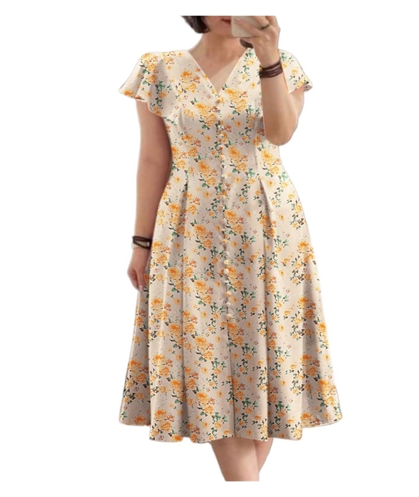 Sdiuakbv Unisex Yellow Short Sleeve Dresses Printed Dresses Summer Elegant Floral Dress Women Short Sleeve Party Sundress Robe Femme Causal Holiday Vestidos(,Xl)