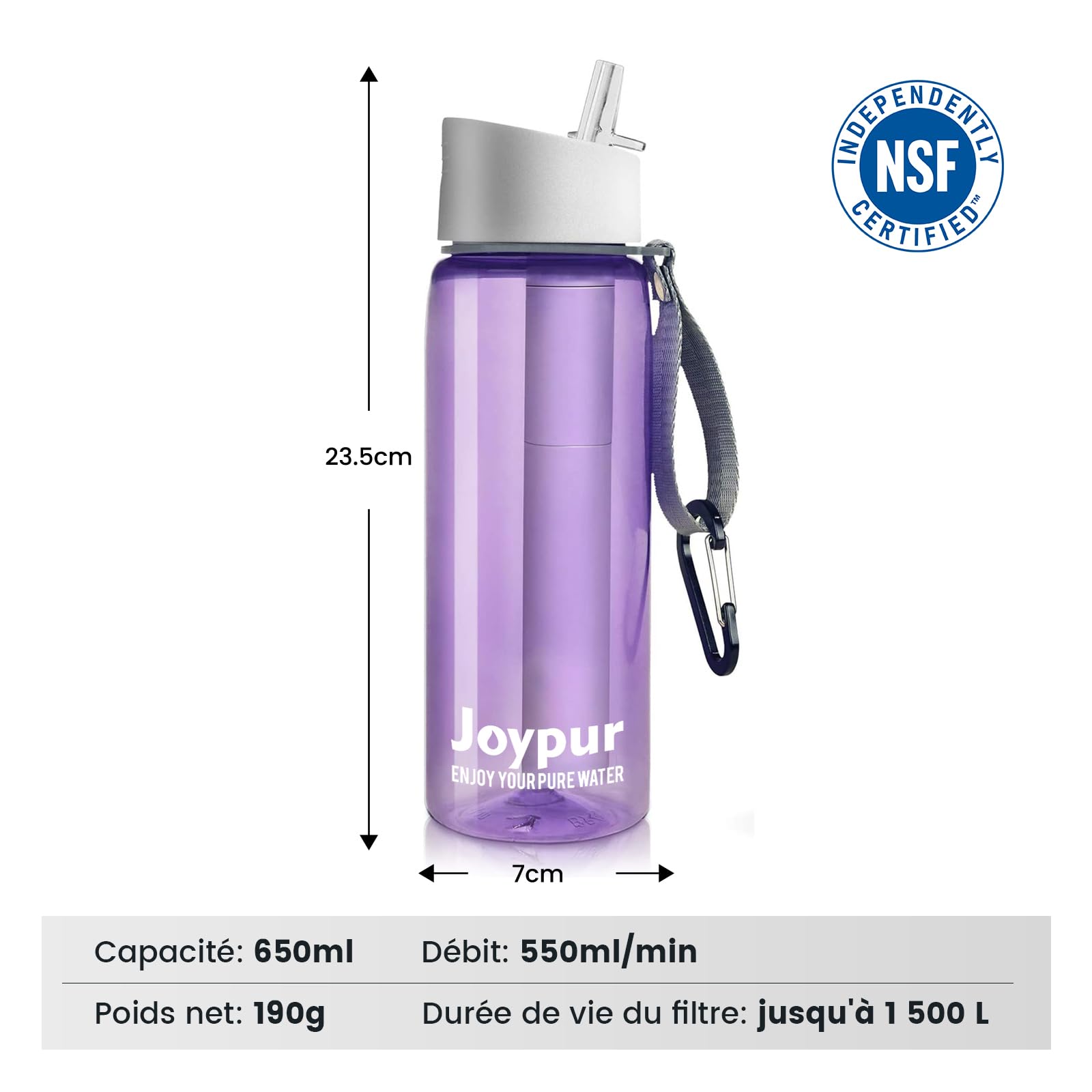 Gourde filtrante eau non potable Bouteille d'eau extérieure avec filtre 650 ml Filtre à eau de survie avec 5 couches de matériaux filtrants pour le sport Camping Randonnée,Violet