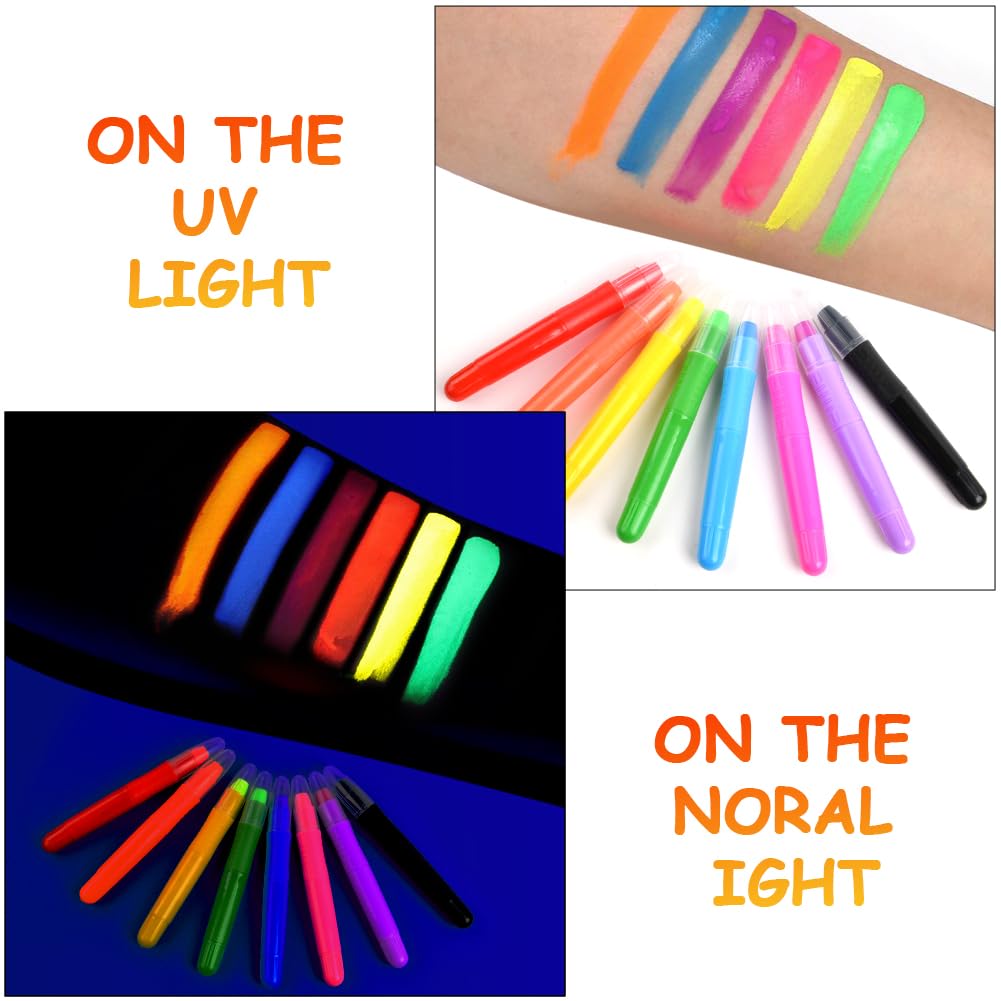 URAQT Farby do twarzy dla dziecko, 8 kolorów fluorescencyjnych UV, bezpieczna nietoksyczna farba do ciała i twarzy, brzucha ciążowego, na Halloween, święta, Cosplay