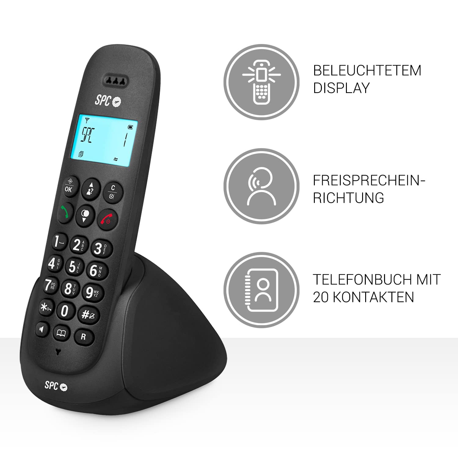 SPC Art – Schnurloses Festnetztelefon mit beleuchtetem Display, Anrufer-ID, Freisprecheinrichtung, Telefonbuch, Stumm-Modus, Gap-Kompatibilität und ECO-Modus - Schwarz