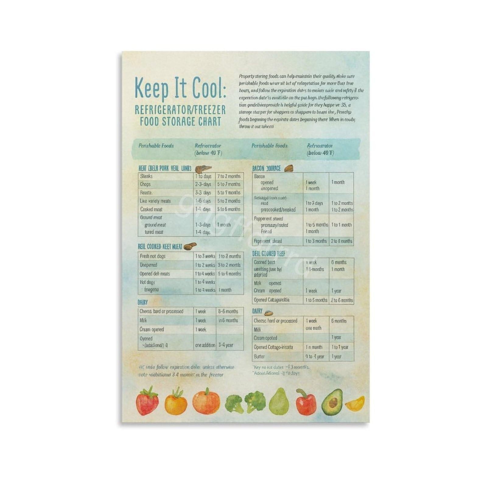 XGINERFEX Food Preservation Chart Poster for Refrigerator and Freezer Storage and Guide(Framed,12x18inch(30x45cm))
