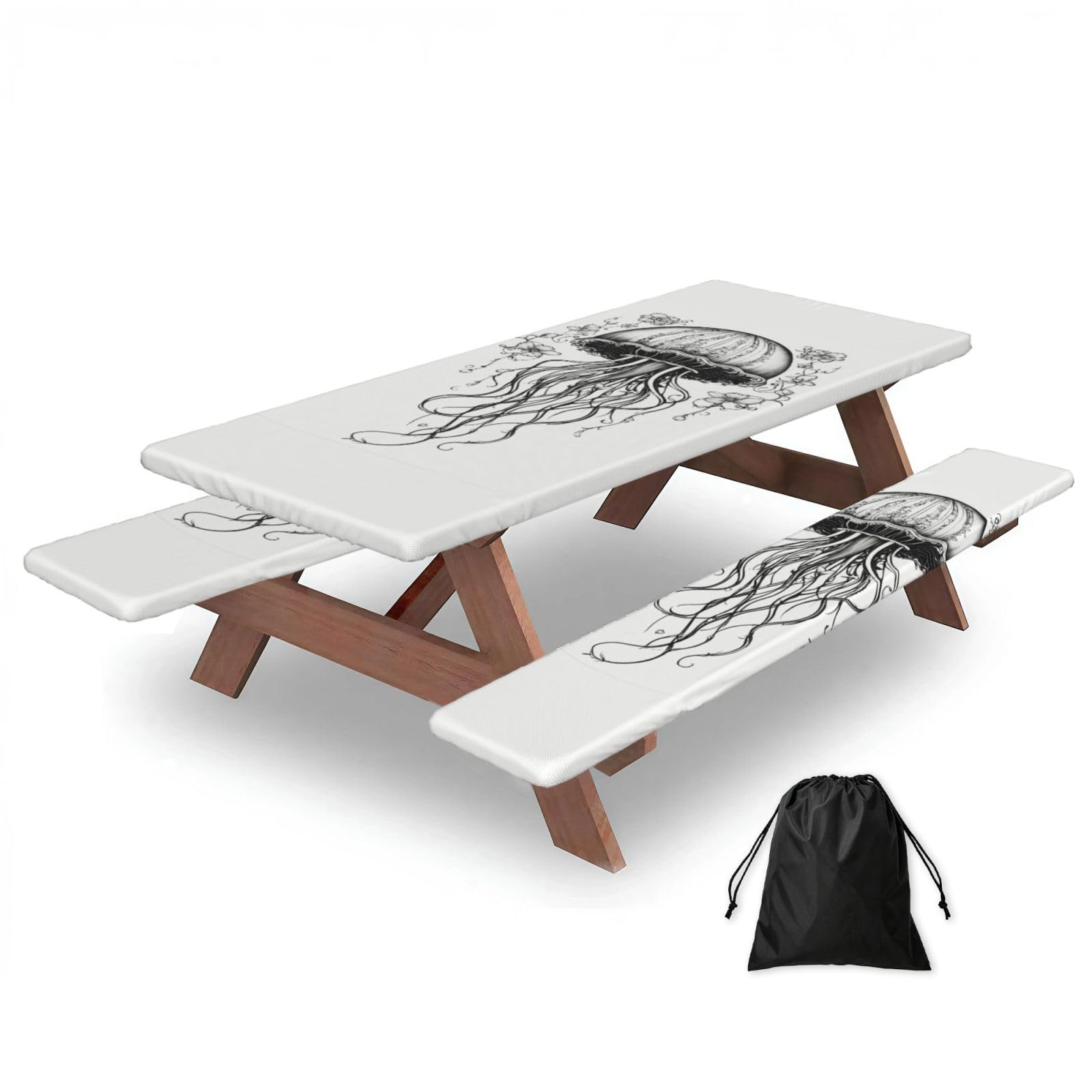 Zyjhyy Black Jellyfish Pattern Print 3 Pack Wipeable Picnic Bench Cover And Table Cover Lightweight Table Cloth For Camping Outdoor