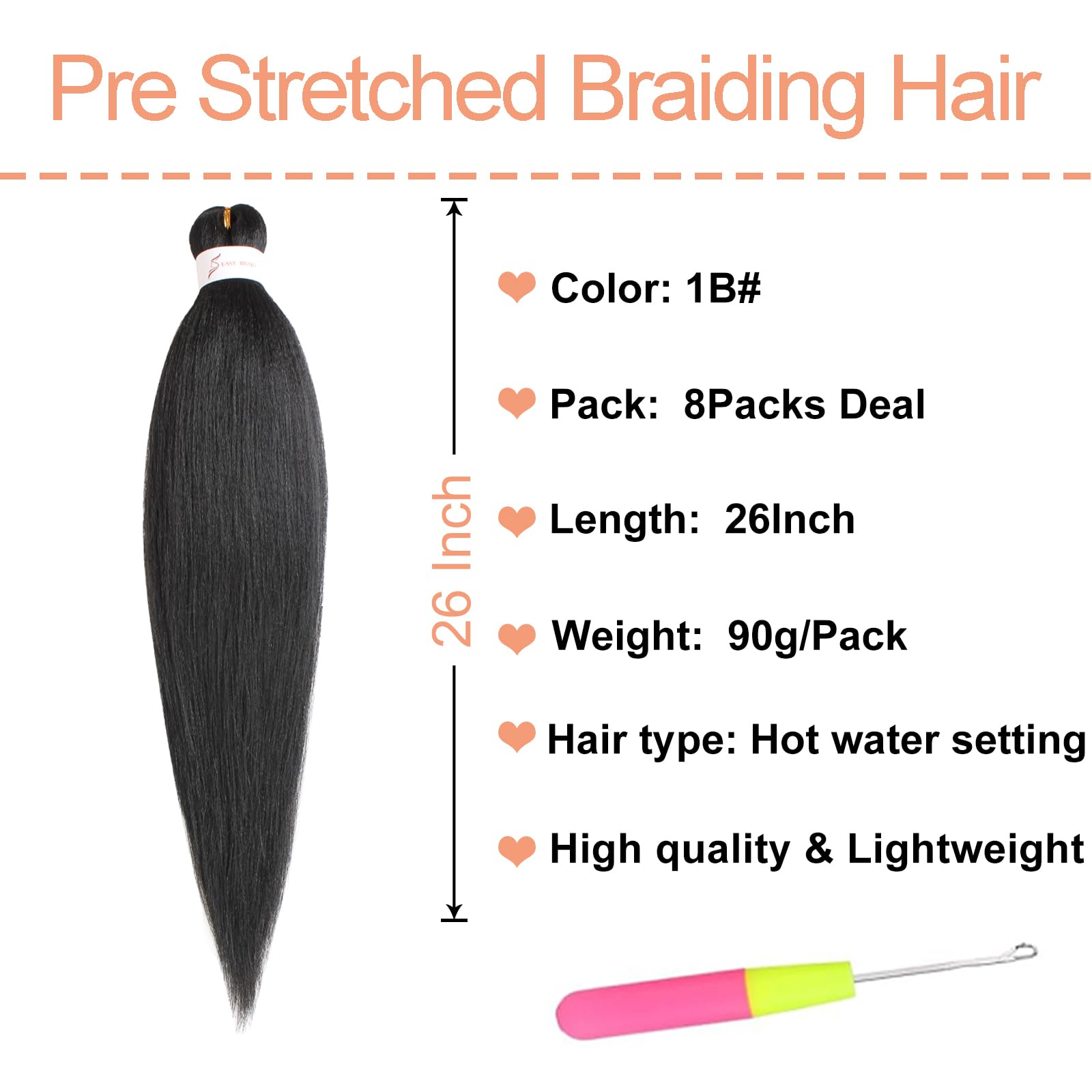 Mscat 26 Inch 8 Packs Pre Stretched Braiding Hair Black Pre Stretched Braiding Professional Synthetic Prestretched Crochet Braids Hair Extension Hot Water Setting Yaki Texture (1B#) - Image 2