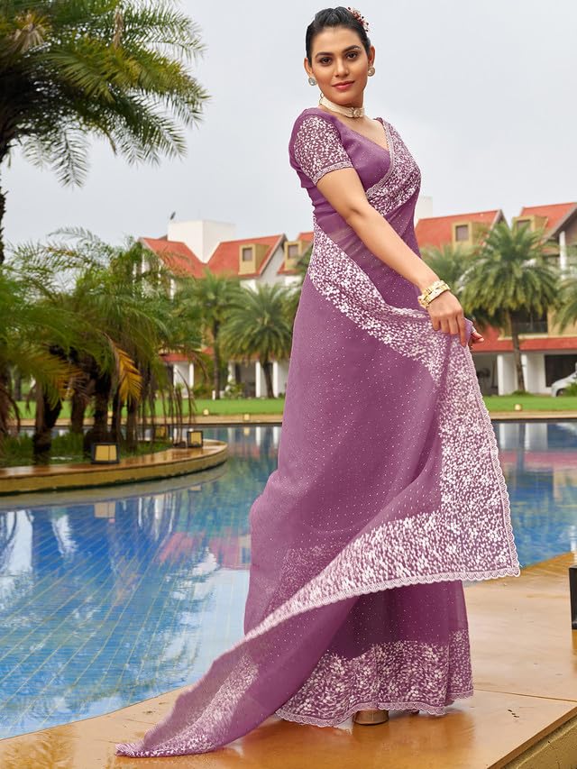 Satrani Women's Chiffon Embroidery & Stone Work Saree With Unstitched Blouse Piece (3352S209N_Dark Mauve Purple)