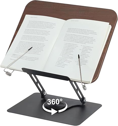 comfoyar Soporte de libro para lectura, soporte plegable de lectura para libros de texto con base giratoria de 360 y clips elásticos para página,