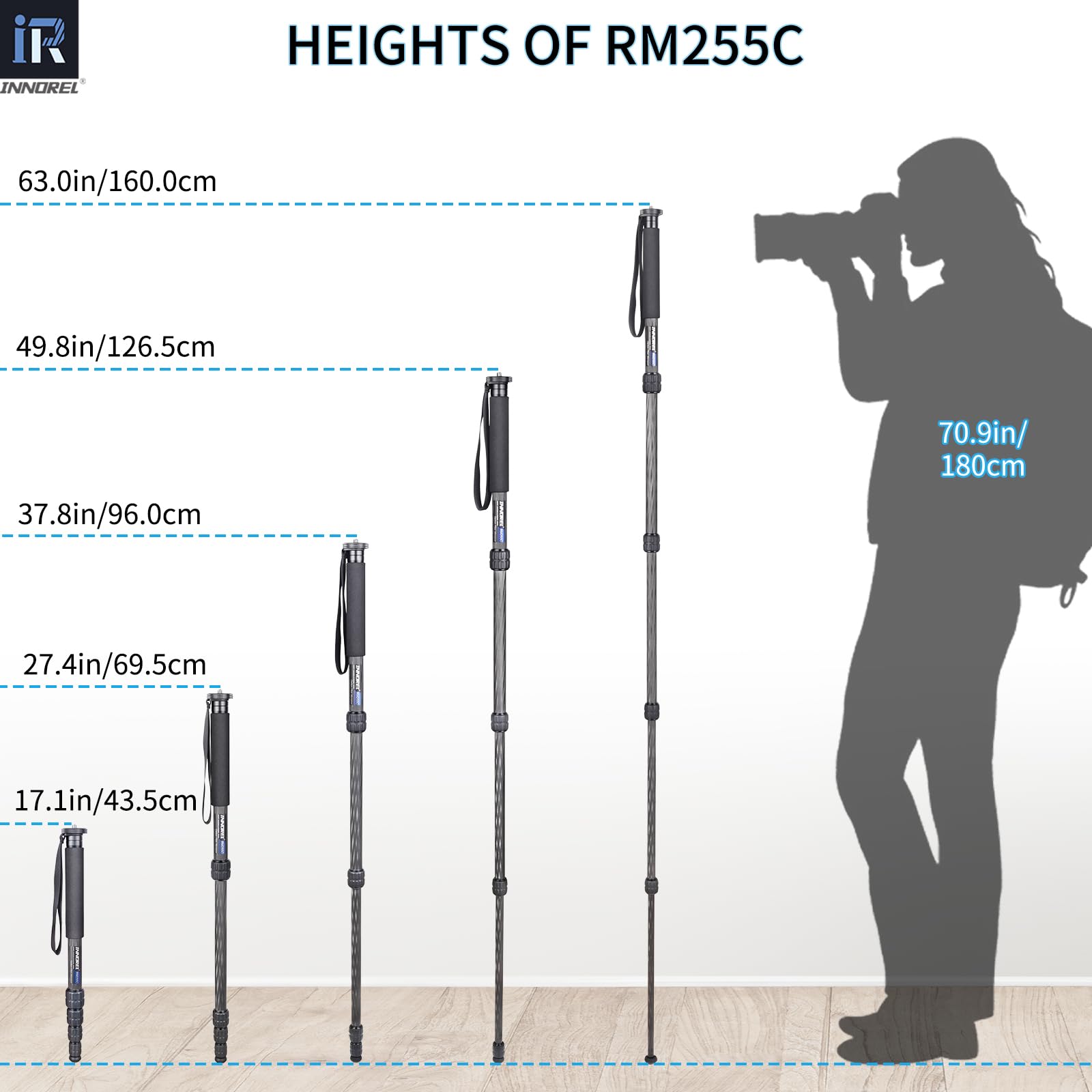 INNOREL RM255C Monopod z włókna węglowego Kompaktowy i lekki 5-sekcyjny monopod podróżny do Canon Nikon Sony DSLR Kamera DV Fotografia Wsparcie ładowania 7kg