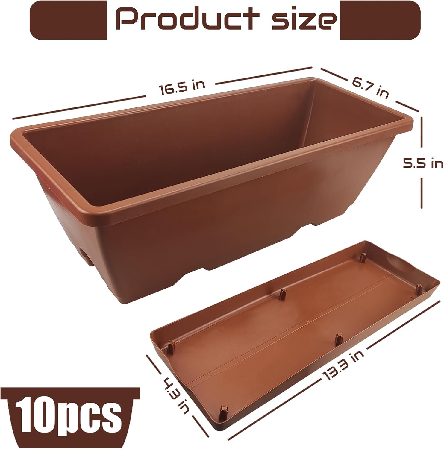 QPEY Window Box Planter, 10 Pack 17 Inch Plastic Flower Box with Tray Rectangular Planters for Outdoor Indoor Plants Garden Home Decor (red)