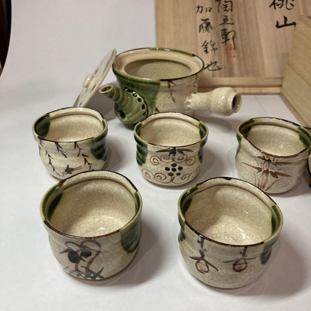 Amazon.co.jp: 織部煎茶器揃 桃山 陶玉軒 加藤錦也 箱付き 急須茶碗5 