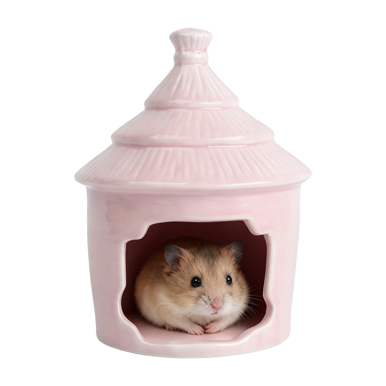 Ceramic Hamster Hideout Ice Cream Shaped, Small Animal Hideaway House Cave for Dwarf Syrian Hamsters Mice Gerbils Chinchillas, Pet Habitat Cage Decoration (Pink)