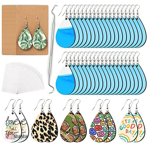 HTVRONT Sublimation Wood Earring Blanks Bulk - 50 Pcs with Blue Protective Film - Unfinished MDF Teardrop Earrings for Sublimation Printing with Template Weeder Hooks Jump Rings