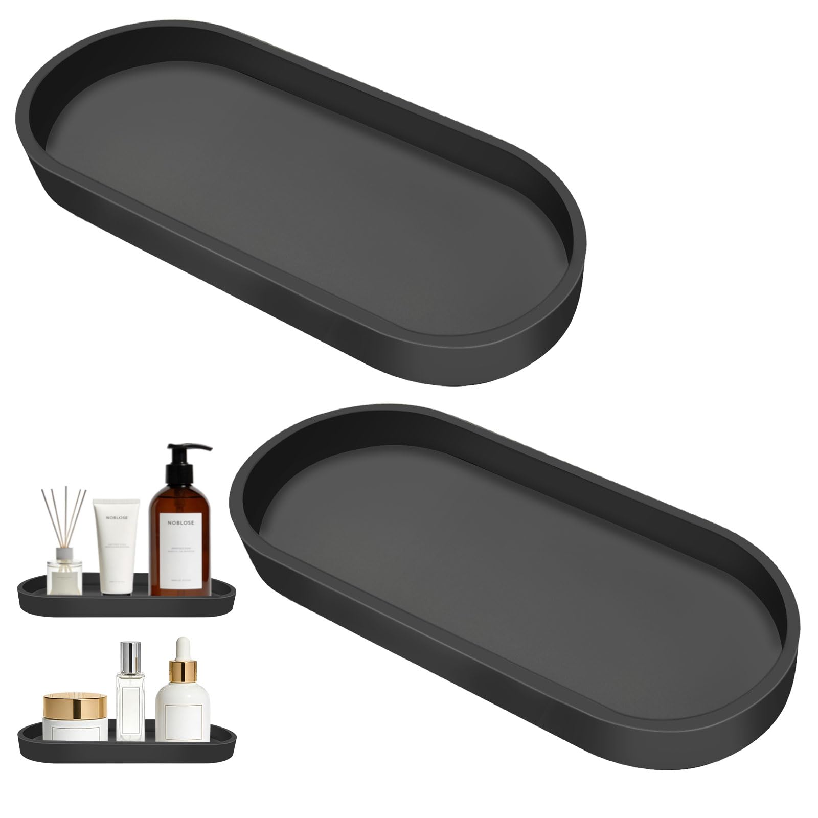 xiaoxiaozhijia 2 Pieces Decorative trays for bathroom,Silica Vanity Tray,Modern Storage Trays for Washbasin,Suitable for bathrooms, bedrooms, washbasins, and kitchens (Black-25x11x2 cm)