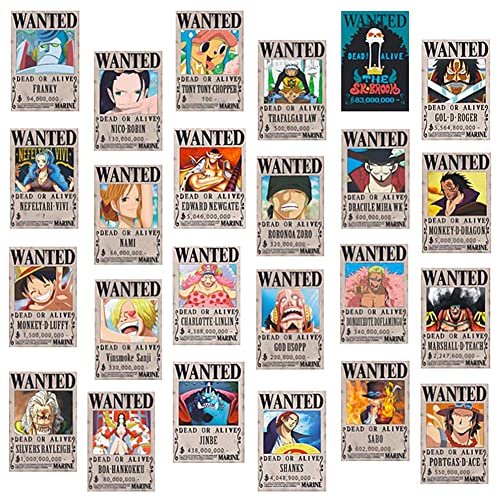 24 Pièces One Bounty Voulait Poster,Poster Anime,One Wanted Posters,Wanted Posters,Wanted Poster Décoratif,Pour Les Murs, Les Portes Et Les Fenêtres, Décoration De La Maison (28.5 * 19.5Cm*)