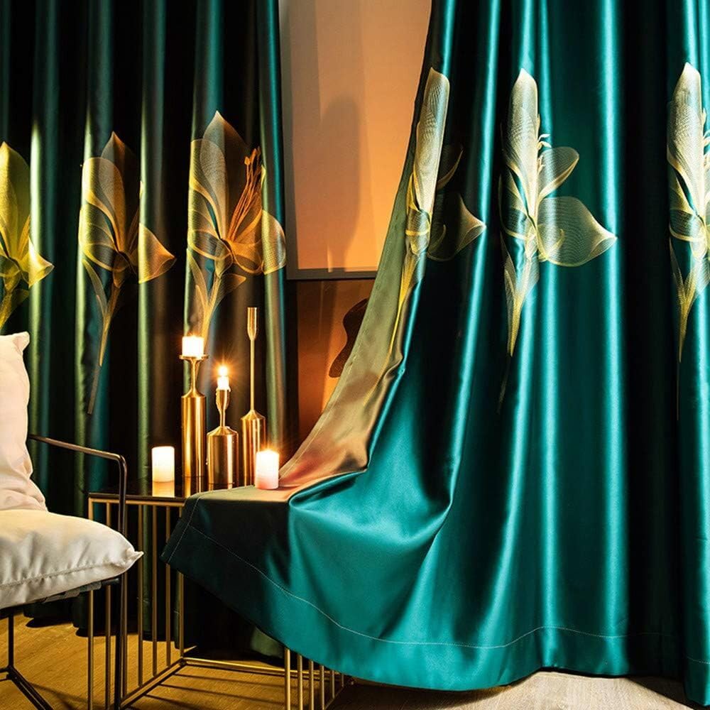 MYRU 1 paire de rideaux chinois en satin brodé à fleurs pour salon, chambre à coucher (vert, 2 x 168 x 228 cm)