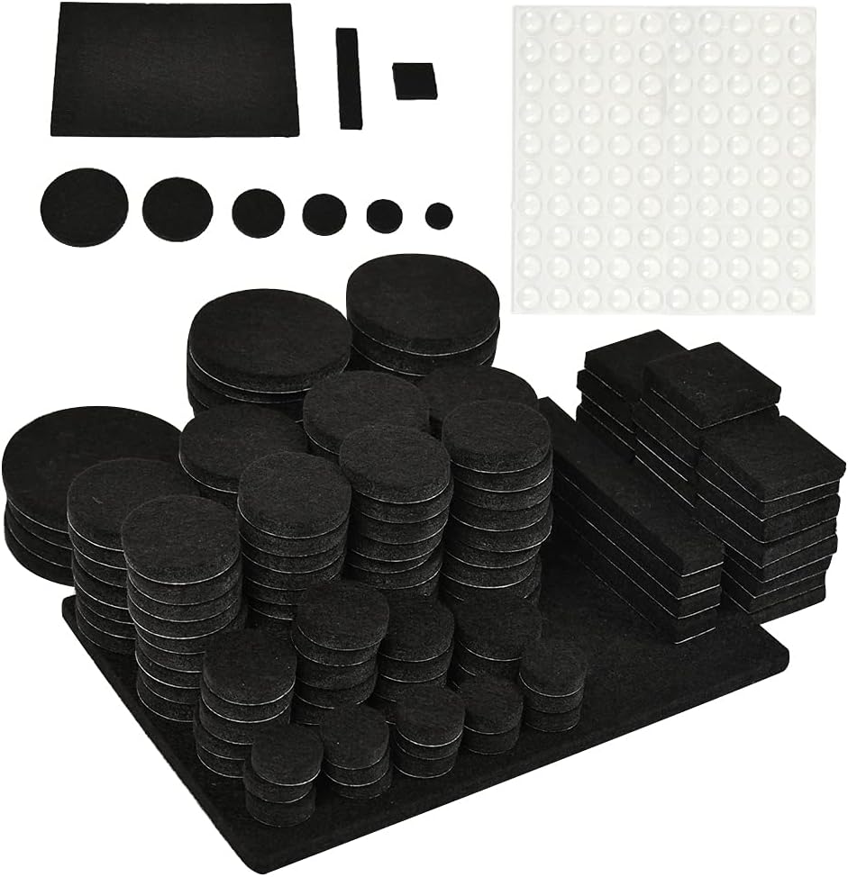WOWOSS 240 PCS Furniture Felt Pads with 100 Pcs Rubber Feet Bumpons, 10 Sizes Floor Protector Pads, Furniture Pads Self Adhesive Anti Scratch 5mm Thick Chair Leg Pads for Furniture