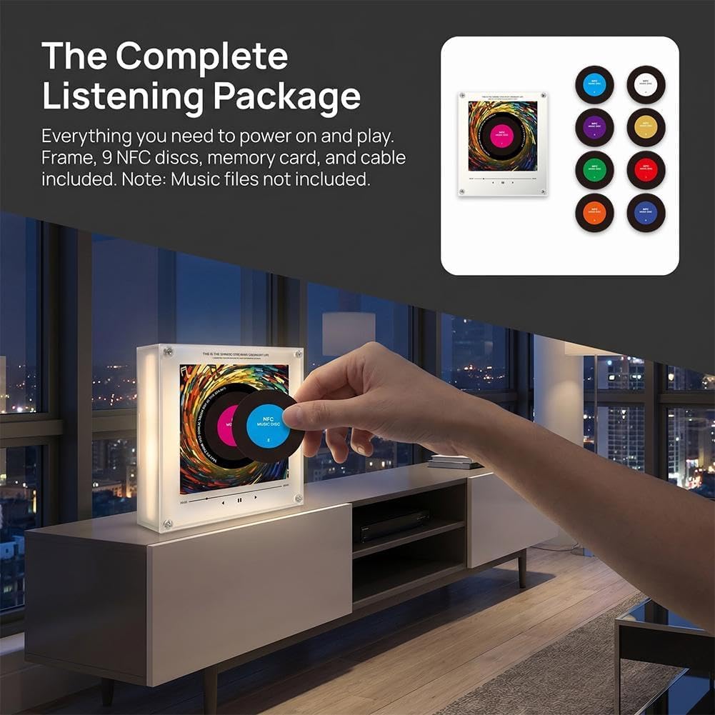 Music Fridge Magnet, Vintage Fridge Magnet Music Player (1 Set) | 9 dischi NFC programmabili, design a vinile rotante, luce d'atmosfera, scheda memoria 256GB, regalo musicale unico