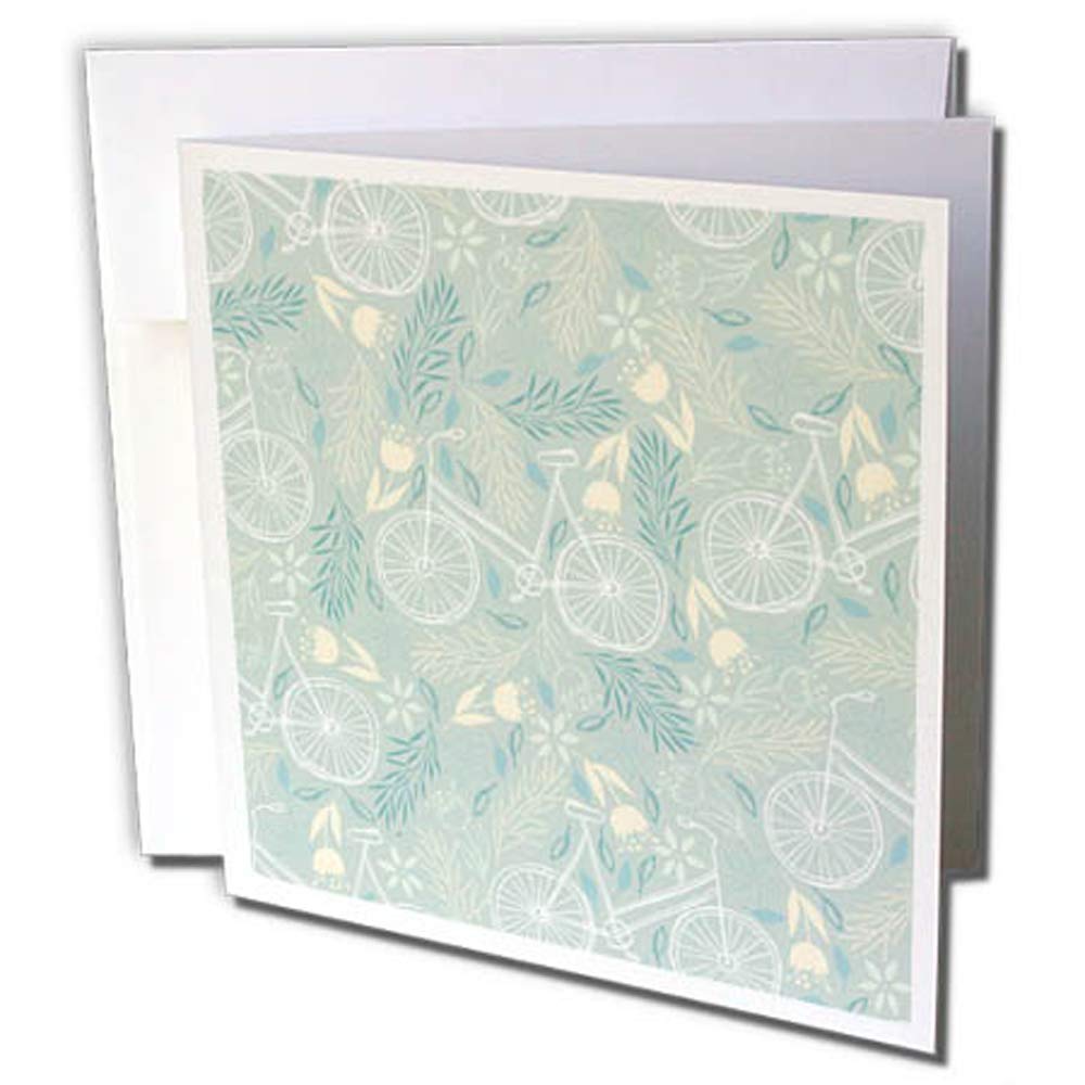 3dRose gc_265033_2 6 x 6-Inch "Pretty Blue Floral and White Bicycle Pattern" Greeting Card (Set of 12)