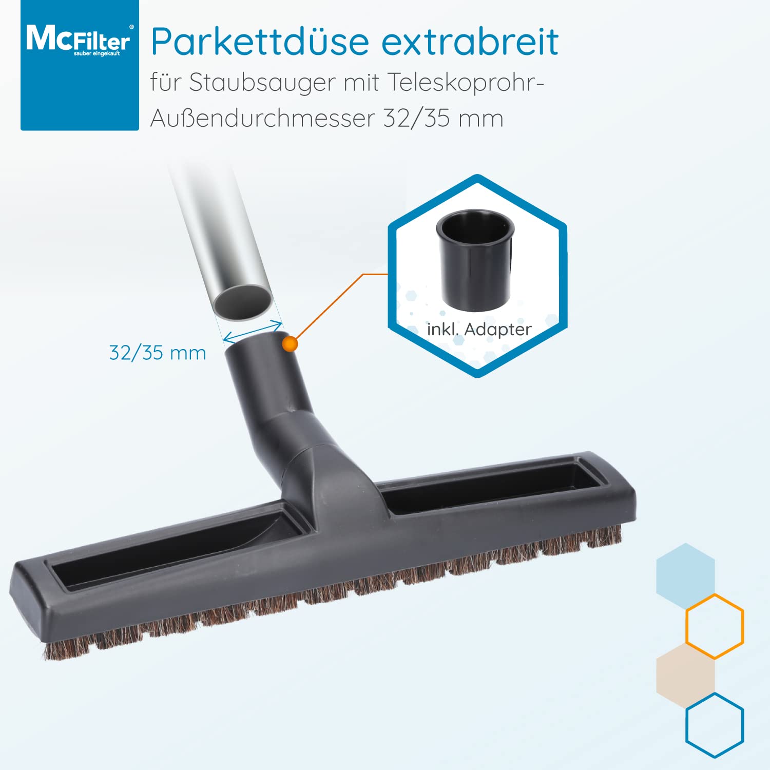 McFilter I Universal 32/35mm Hartbodendüse Staubsaugerdüse 360 mm extra breit kompatibel mit Siemens, Bosch, AEG, Miele, Philips, Samsung, Dirt Devil, Panasonic, 2 Laufräder, weiches Rosshaar