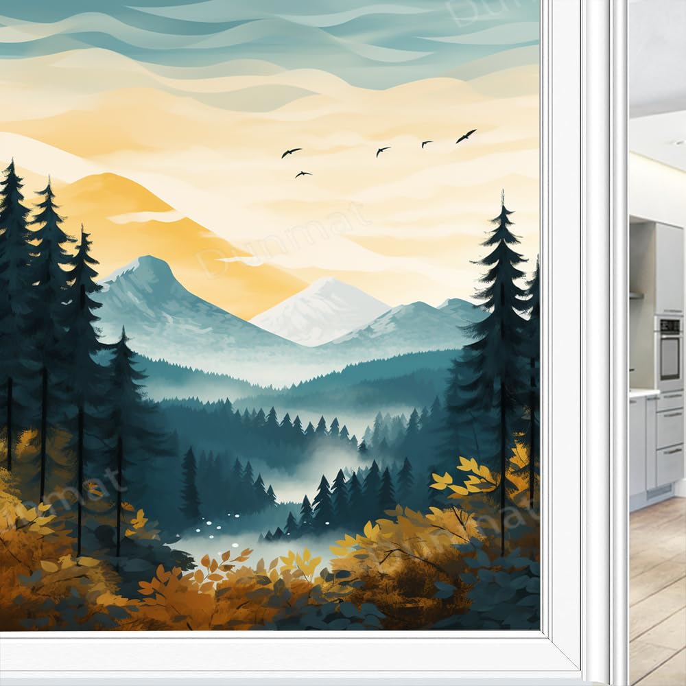 Dunmat Modern Forest Window Privacy Film Rustic Tree Leaves Nature Bird Stained Glass Window Coverings Glass Sticker Frosted Window Film for Home