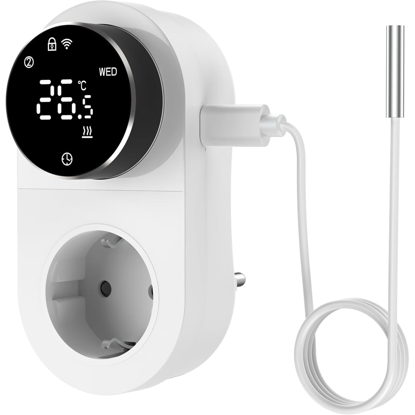 Yasorn Termostato WiFi da Presa 16A, Display LED, Manopola e Sonda Esterna | Precisione ±0,5 °C; Tuya/Smart Life; Alexa e Google; 6 modalità; programmazione settimanale; antigelo; max 16 A/3680 W