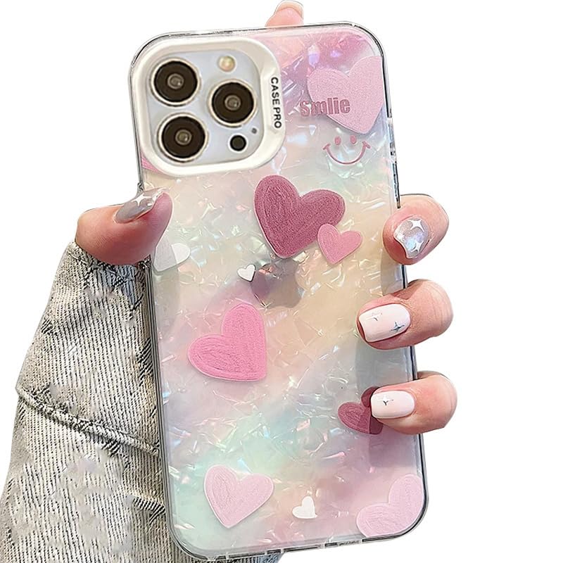 mobistyle Designed for iPhone 16 Pro Cover Cool Shining Shell Love Heart Pattern Design with TPU Edges Phone Back Cover Case for Girls Women (Pink)
