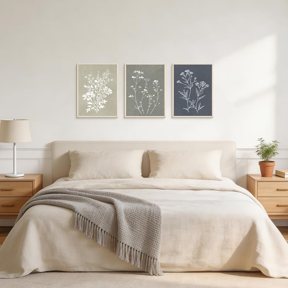 HOURIA Boho Vintage Floral Silhouette Framed Canvas Wall Art Set,Minimalist Modern White Line Wildflowers Wall Decor,Neutral Rustic Flower Botanical Artwork for Living Room,Bedroom,Farmhouse-12"x16"x3