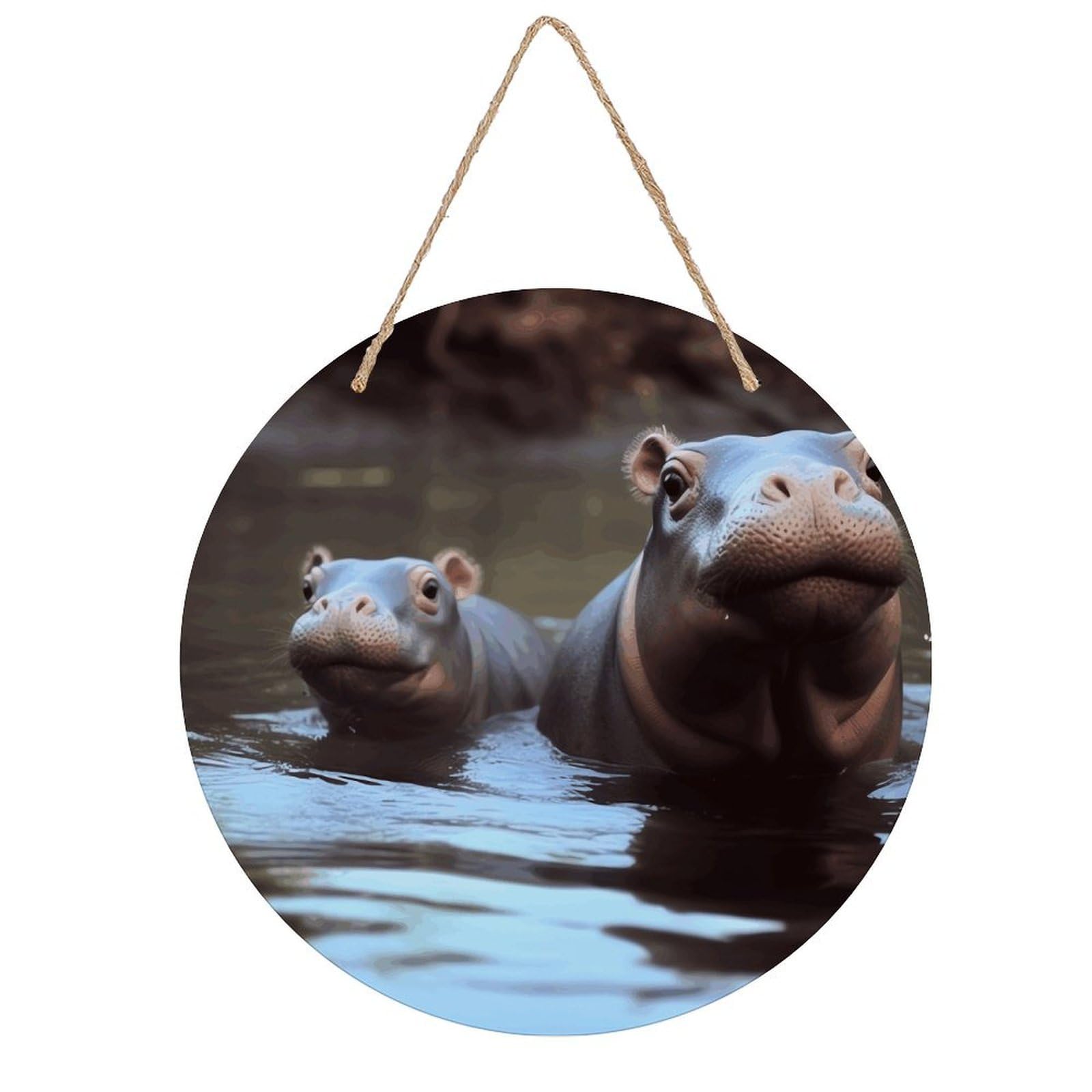 VstaDank Hippos Wall Art Decor with Ropes Wooden Hanging Sign Hanging Wall Decor Artwork Round Wood Painting Modern Wall Prints Decor Picture for Office Bar Home Decors