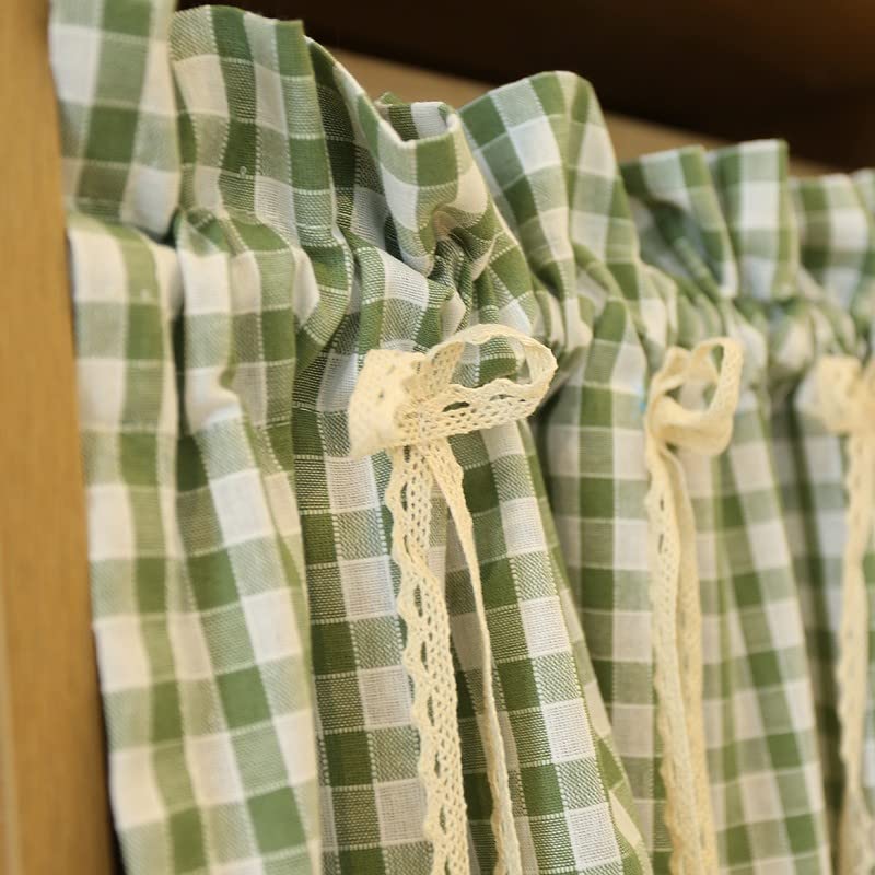 A.Monamour Tenda Corta per Finestra Piccola In Cotone Verde A Quadri Quadretti Scacchi Pizzo Ricamato Con Fiocchi Opaco Tendina Cucina Bistrot Caffè Mezza Mantovana Tenda a Vetro a Pannello Porta