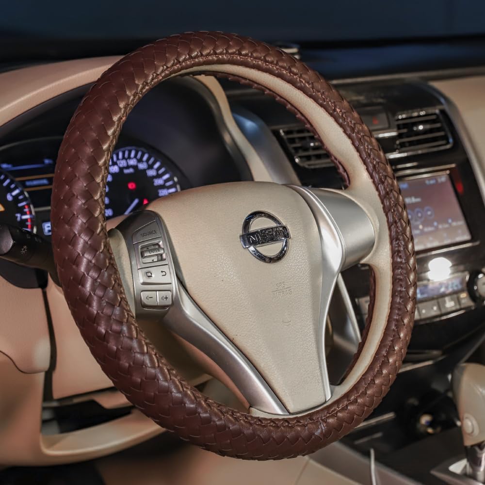 Elegant Men Steering Wheel Cover Leather for Car Hand-Made Wheel Wrap Hand Woven Universal 14.5-15 Inch Brown - Image 6