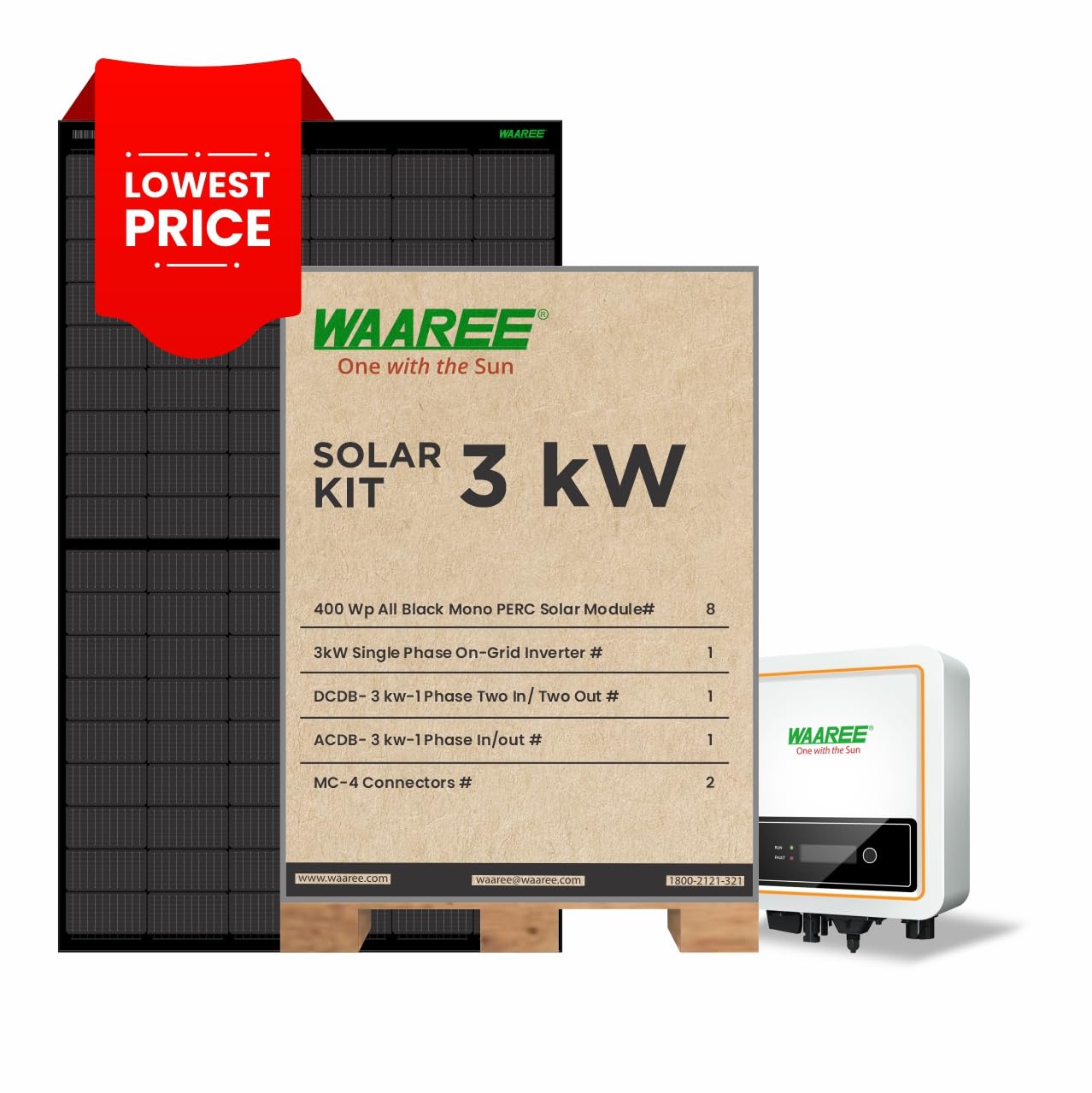 WAAREE Solar 3kW On-Grid Non DCR Solar System (Single Phase) with 400watt All Black Solar Panel, Renewable Energy for Residential and Commercial.