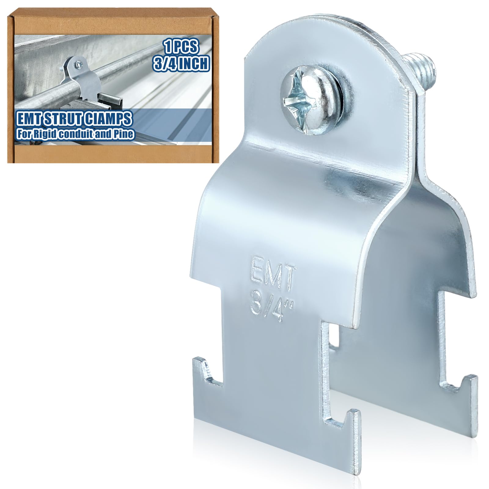 Landhoow Emt Pipe Universal Strut Clamps Strut Channel Accessory Electro Galvanized Conduit Clamp with Bolt and Nut, Rigid Pipe Tool(3/4 Inch,Silver,1 Pcs)