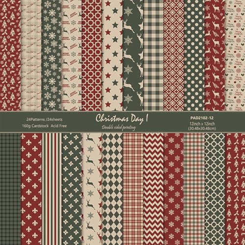 MerwDeeyt Scrapbook Papier Weihnachten Bastelpapier 24 Blatt Doppelseitiges Winter Motivpapier Buntes Dekopapier mit Muster für Journal Scrapbooking Fotoalbum Dekoration (A 30.5x30.5 CM)