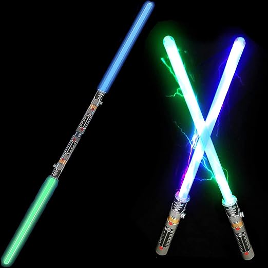 2-in-1 LED Light Up Sabers, Dual Bladed Toy Saber Swords Set for Kids with FX Power Up and Motion Sensitive Sound Effects for Cosplay