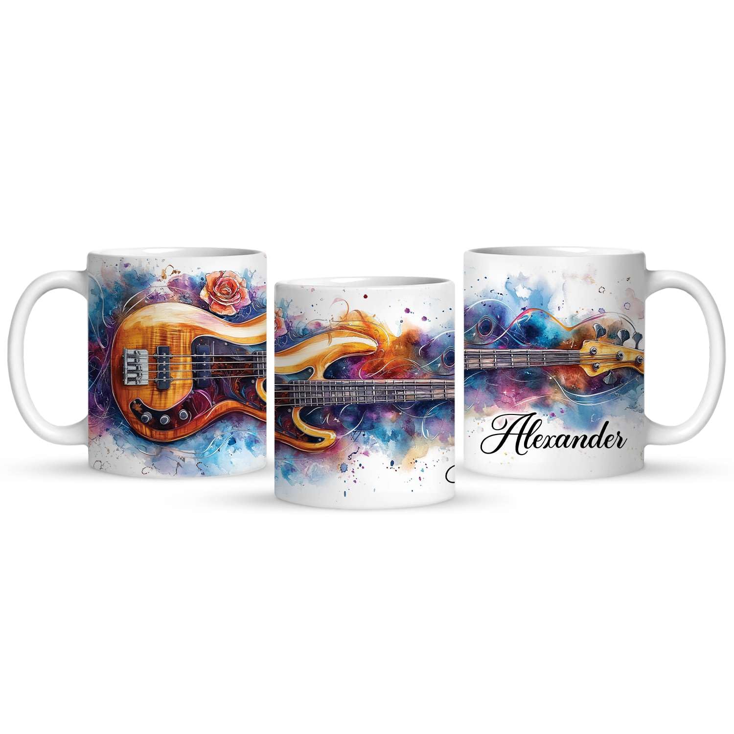 Custom Bass Guitar Mug With Colorful Design, Personalized Name Ceramic Mug For Musicians, Gift For Bass Players, Customized Music Lover Coffee Cup,