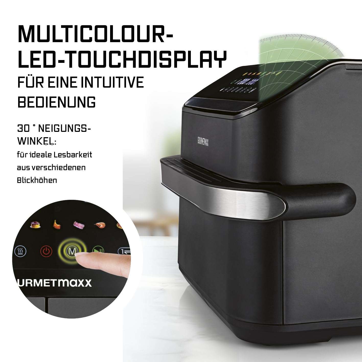 GOURMETmaxx Heißluftfritteuse, 10 L - 2 x 5 L Airfryer Vario-Kammer | Fritteuse mit 8 Programmen & Touchscreen | Heißluftfritteuse 2 Kammern – 2 Speisen gleichzeitig zubereiten | für max. 8 Personen