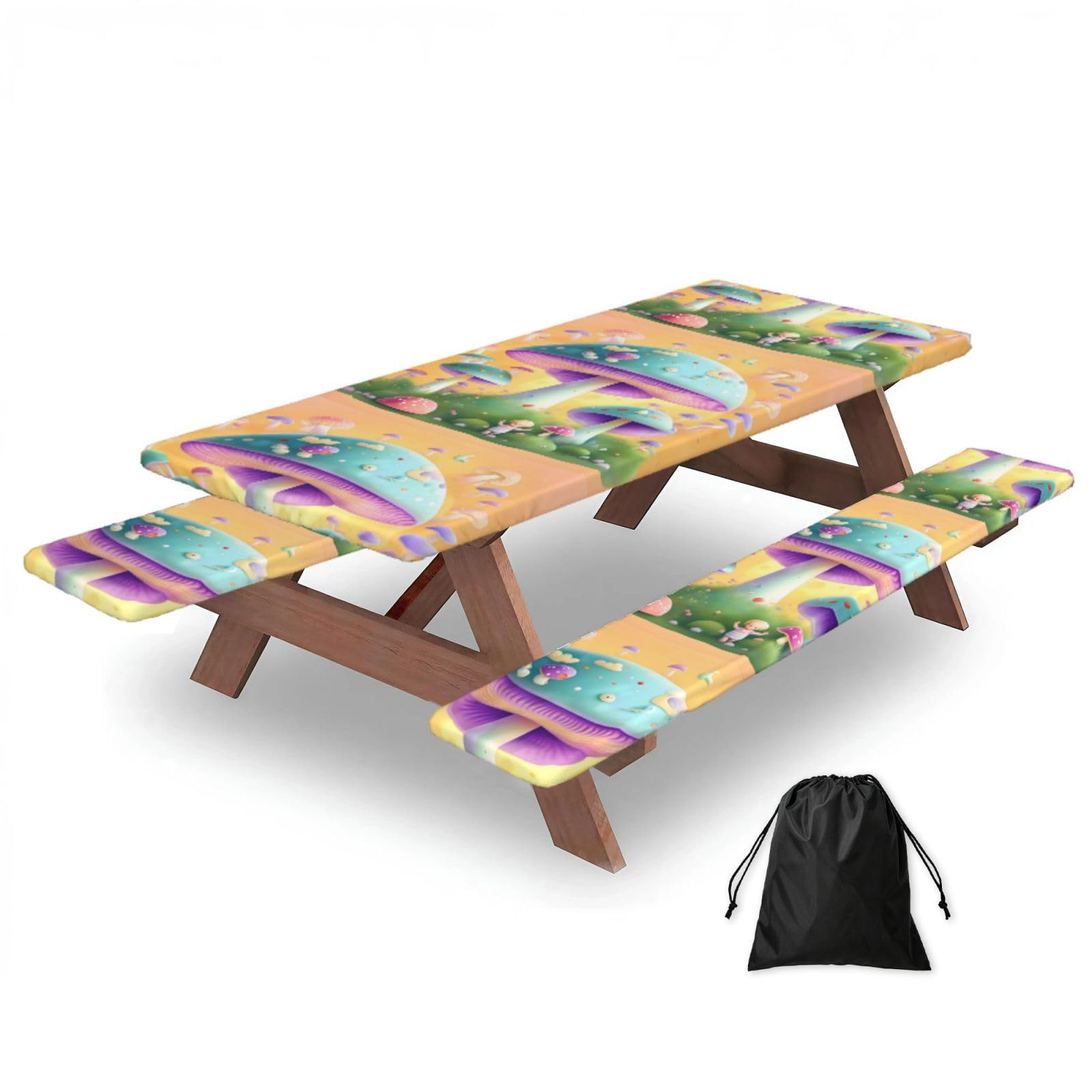 Hhbiuuo Black 72In Camping Table Cover & Bench Covers 3-Pack Set, Fantasy Mushroom Print Tablecloths, For Rectangle Tables Picnic