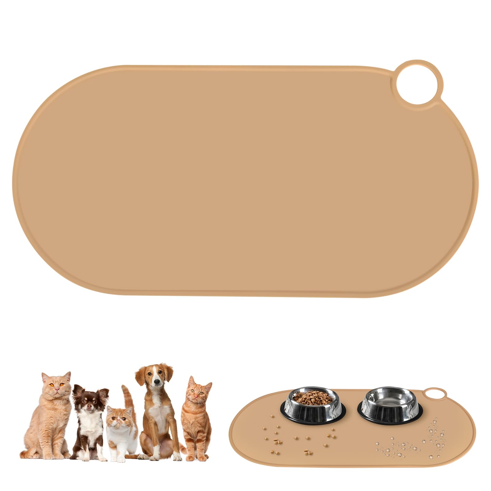 Adiwo Bowl Mat for Dog and Cat, Waterproof Dog Placemat with Hole, Premium Silicone, Anti-Slip and Quick Dry, Easy to Clean, Pet Placemat for Messy Drinkers to Protect Floors (50x25cm, Brown)