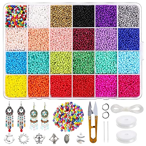 AGRYMER 8640pcs 3mm Ensemble de Rocailles en Verre, Assortiment Multicolore Petites Perles de Poney avec Anneaux de Saut Ouverts, Chaîne de Perles et Boîte Organisateur pour Fabrication de Bijoux Cover