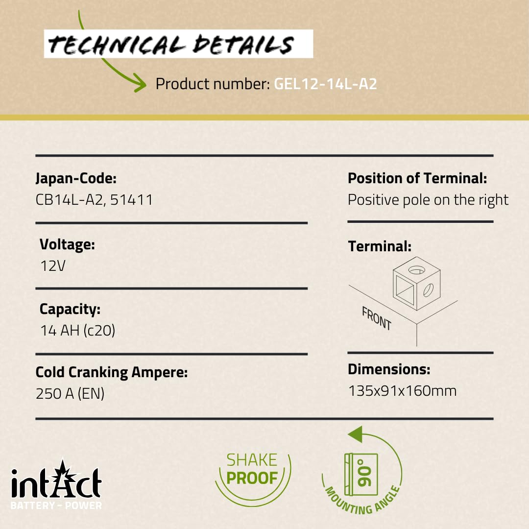 intAct - BATTERIA GEL PER MOTOCICLI Bike-Power GEL12-14L-A2. Sostituisce YB14L-A2, YB14L-B2, YTX14AHL-BS. Batteria per moto 12V 14Ah 250A. Dimensioni: 135x91x160 mm.