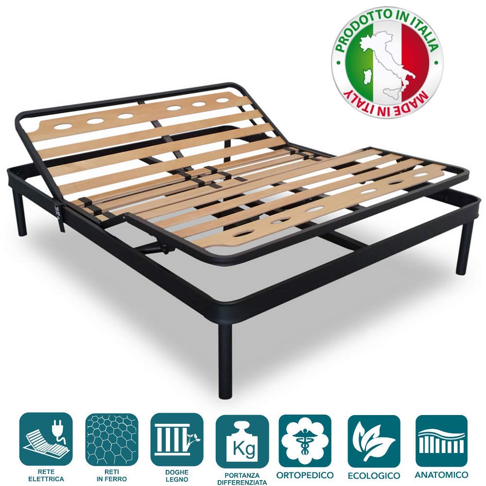 Evergreenweb – Electric Double Bed Frame 160 x 190 cm with Wooden Slats Plus Size XXL Reinforced Motorised Raised Double Iron Frame + 5 Removable Legs, Built-in Base for Beds and Mattresses