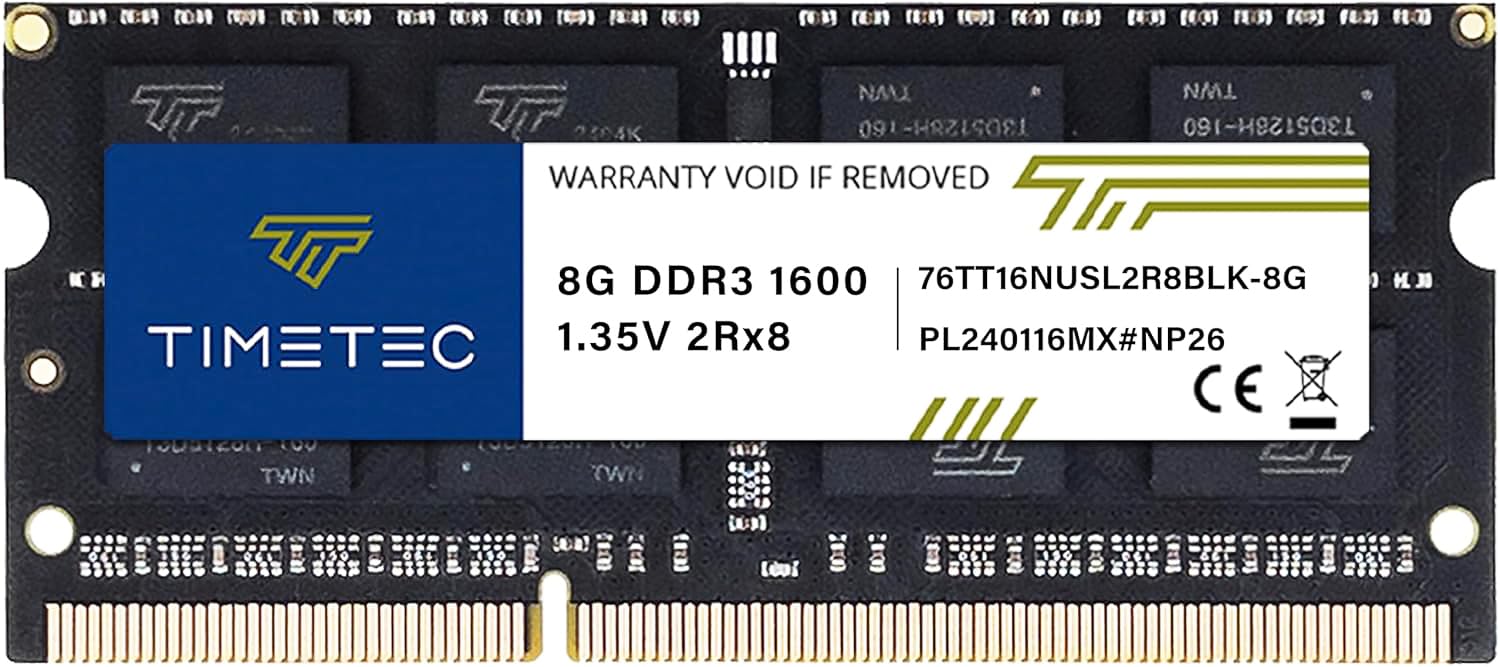 Timetec 8GB DDR3L / DDR3 1600MHz (DDR3L-1600) PC3L-12800 / PC3-12800(PC3L-12800S) Non-ECC Unbuffered 1.35V/1.5V CL11 2Rx8 204 Pin SODIMM Laptop Notebook PC Computer Memory RAM Module Upgrade Black PCB