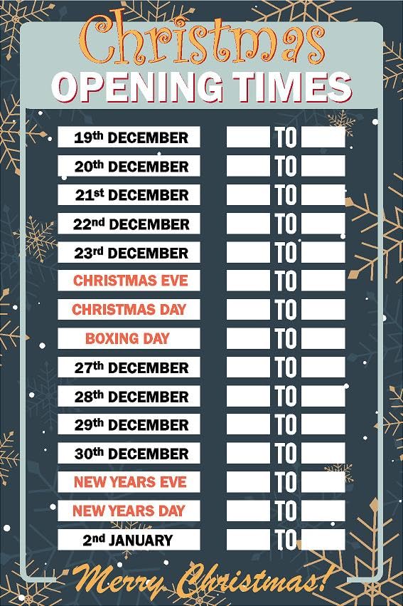 Christmas opening business times sign - 1mm flexible Plastic (300mm x 200mm)