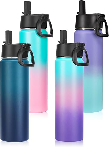 Miniatura 16 de Neihepal Botella de agua aislada de 22 onzas con tapa con popote, botellas de agua de acero inoxidable al vacío de doble pared a prueba de fugas,