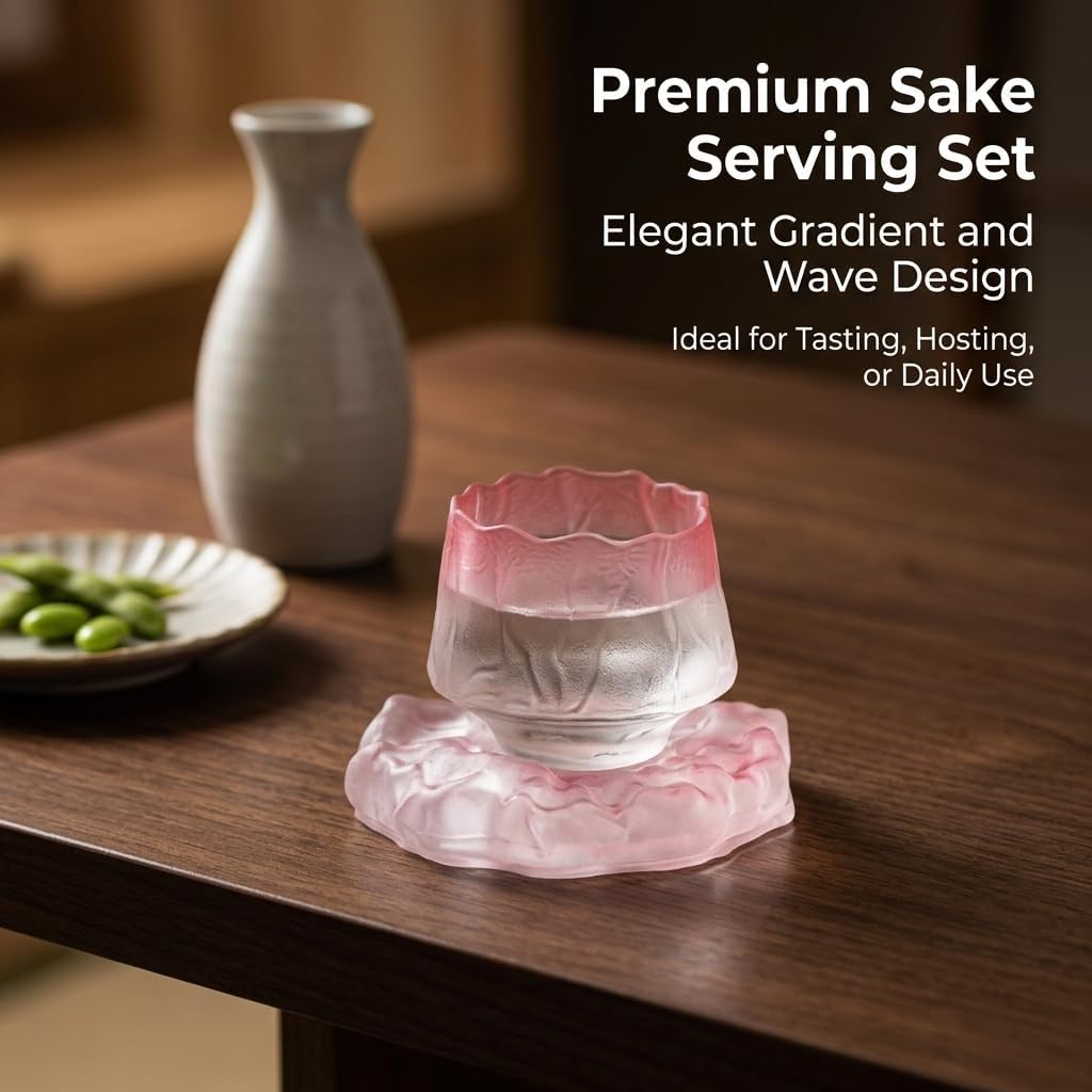 3.5 Inch Glass Tea Cups - Gradient Lotus Design, Matching Saucer - Pink Glass