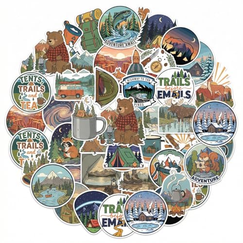 50 PCS Outdoor Camping Hiking Stickers – Waterproof Vinyl Travel Wildlife Stickers for Water Bottle Laptop Cup Car Luggage Motorcycle Wilderness Nature Decals for Camper Boys Adults Teens Girls